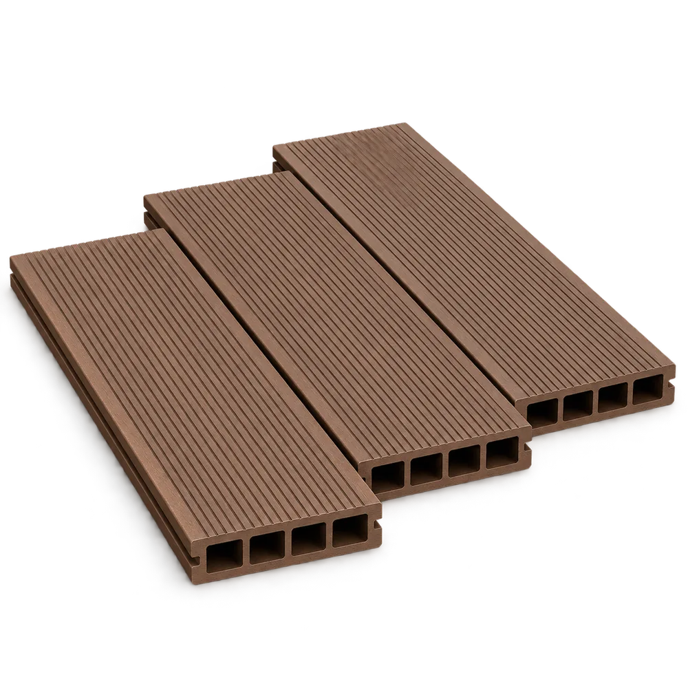 WPC Decking Outdoor dengan tampilan material dari sudut diagonal