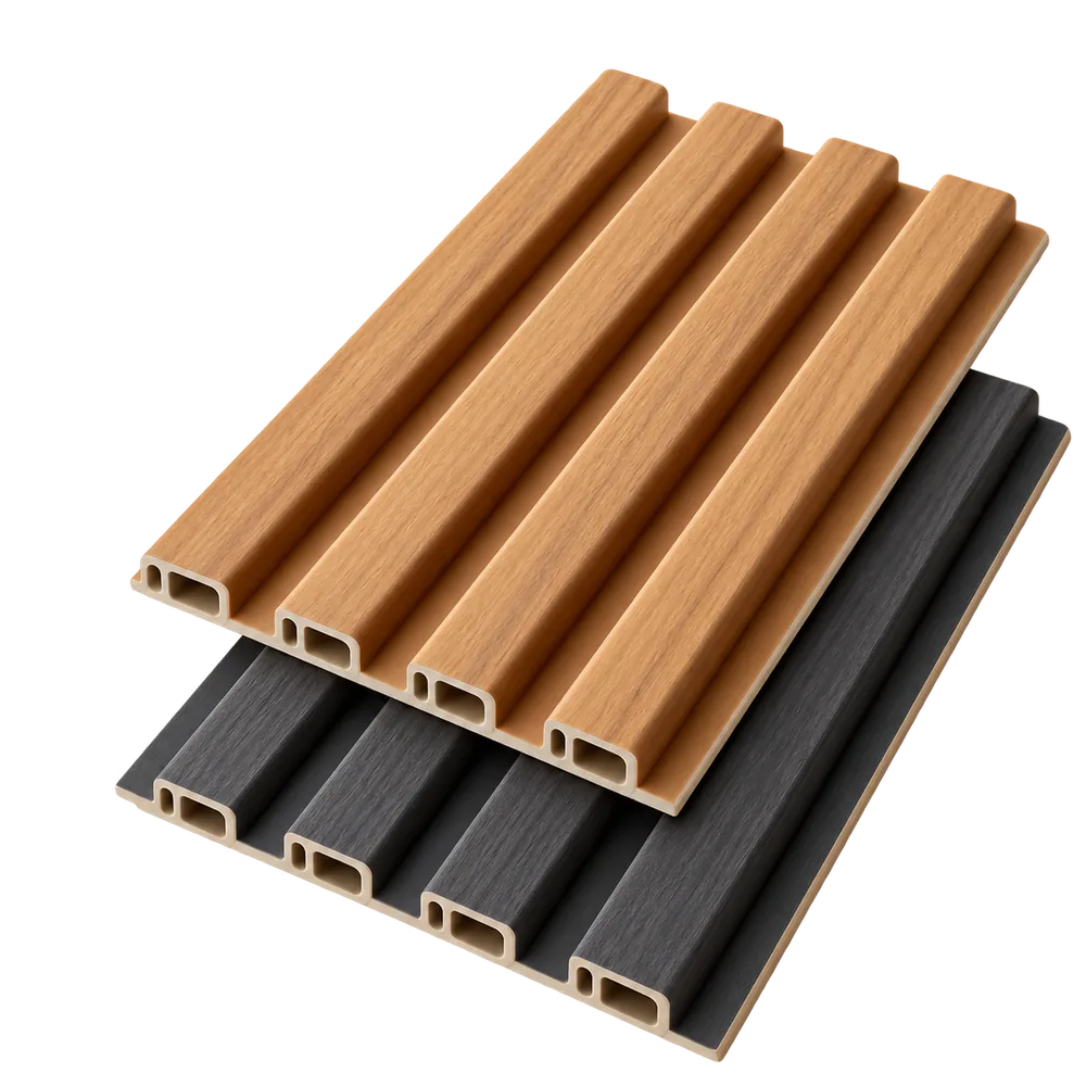 Dua varian Wall Panel WPC, warna kayu terang dan charcoal, dengan profil berongga