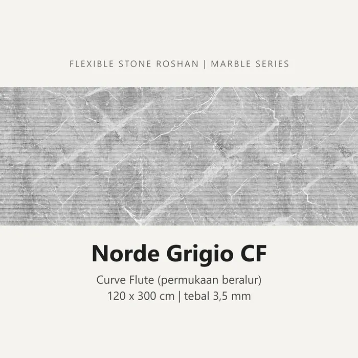 Flexible stone Roshan motif Norde Grigio CF, Curve Flute (permukaan beralur), 120 x 300 cm, tebal 3,5 mm