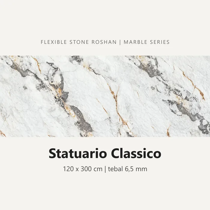 Flexible stone Roshan motif Statuario Classico, 120 x 300 cm, tebal 6,5 mm