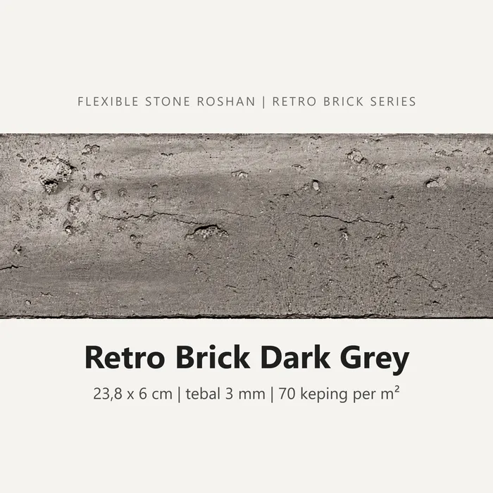 Flexible stone Roshan motif Retro Brick Dark Grey, 23,8 x 6 cm, tebal 3 mm, 70 keping per m²
