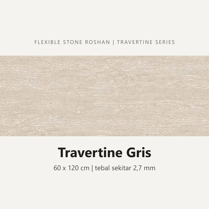 Flexible stone Roshan motif Travertine Gris, 60 x 120 cm, tebal sekitar 2,7 mm