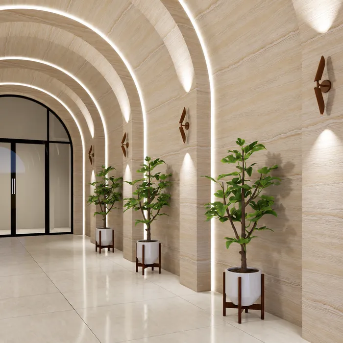 Dinding dan plafon lengkung lorong berlapis flexible stone motif travertine