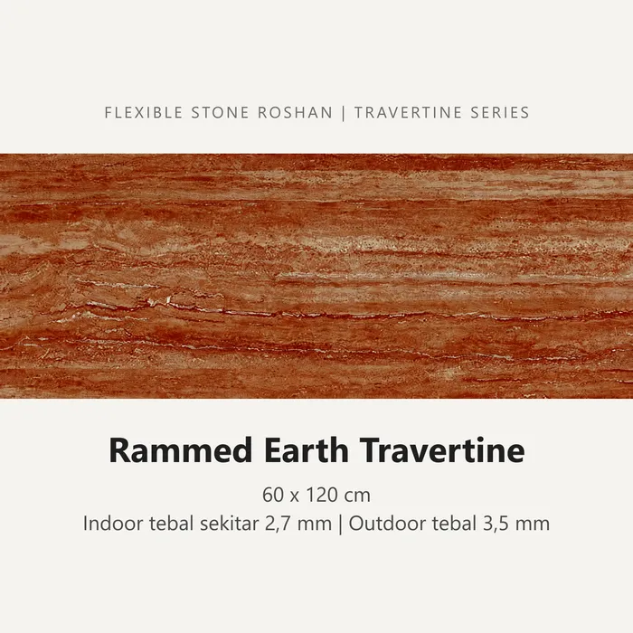 Flexible stone Roshan motif Rammed Earth Travertine, 60 x 120 cm, Indoor tebal sekitar 2,7 mm, Outdoor tebal 3,5 mm