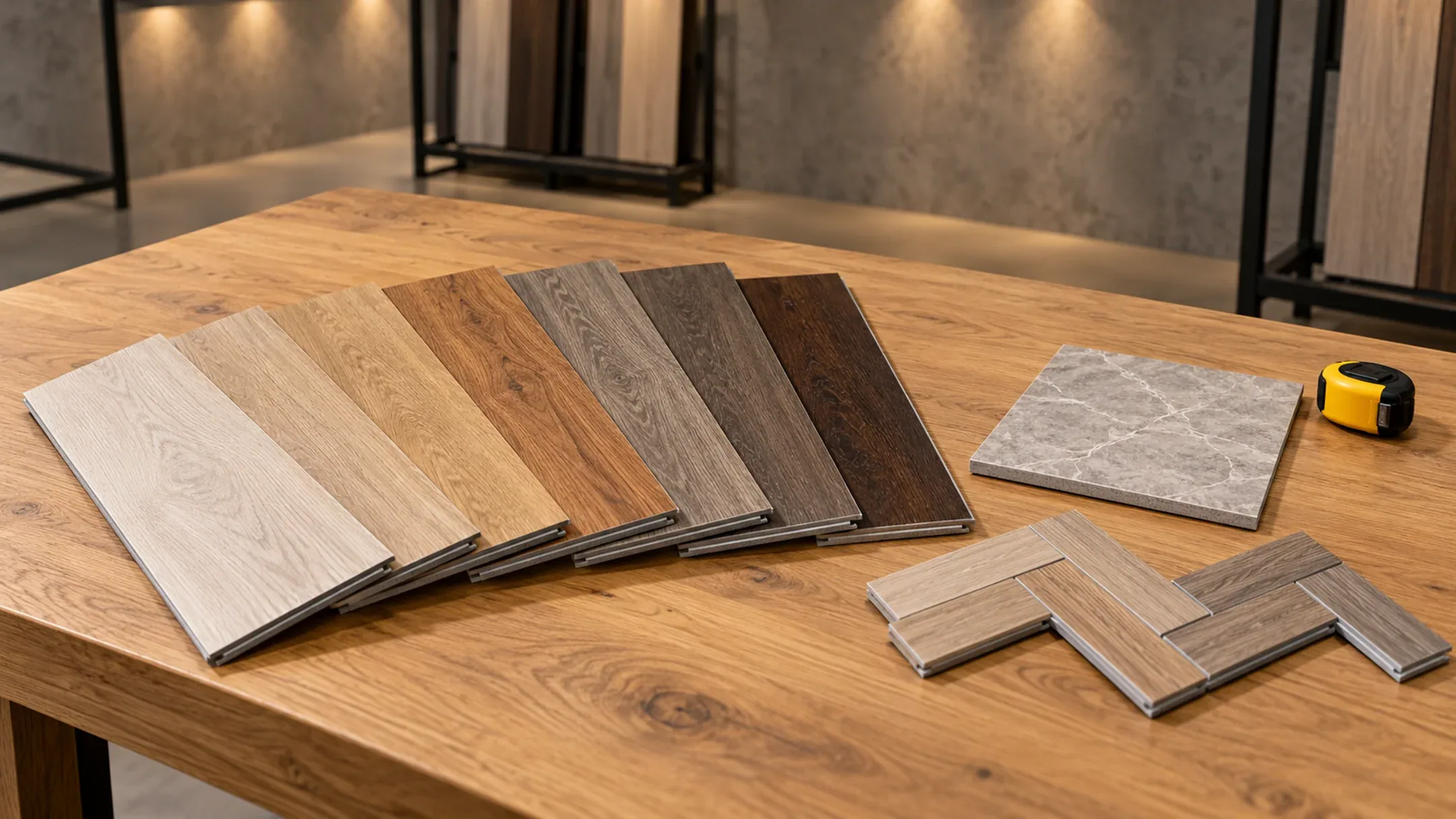 Ilustrasi sampel lantai SPC motif kayu, batu, dan herringbone di meja showroom