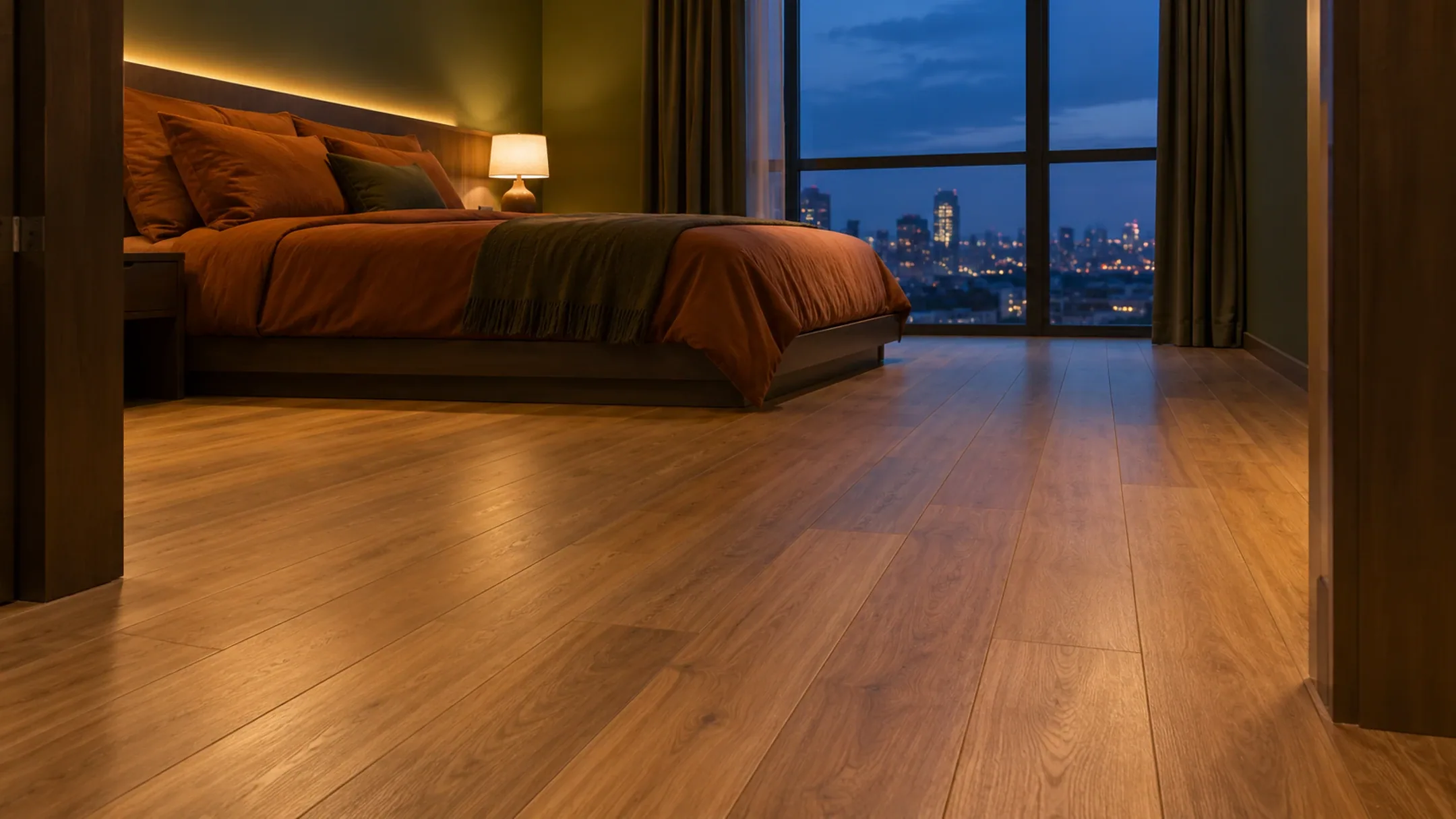Ilustrasi kamar tidur apartemen saat senja dengan lantai vinyl motif kayu warna natural yang dipasang memanjang