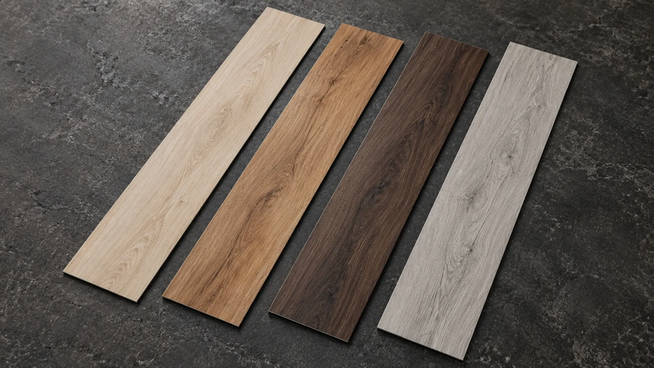 Ilustrasi empat ragam warna lantai vinyl motif kayu: kayu terang, kayu natural, kayu gelap, dan kayu abu-abu