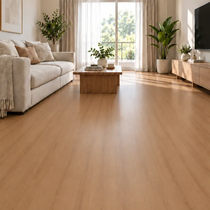 Lantai Vinyl Timberwood Excellent 2mm motif Aira Teak di ruang tamu