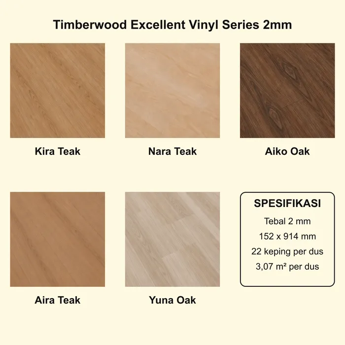 Lima motif Timberwood Excellent Vinyl Series 2mm: Kira Teak, Nara Teak, Aiko Oak, Aira Teak, Yuna Oak, dan spesifikasi
