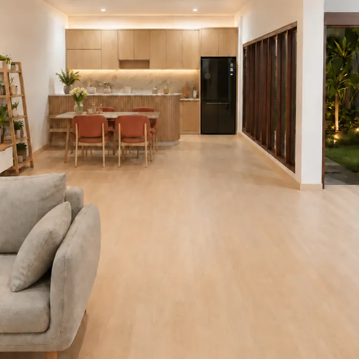 Lantai Vinyl Timberwood Excellent 2mm motif Nara Teak di ruang makan dan dapur