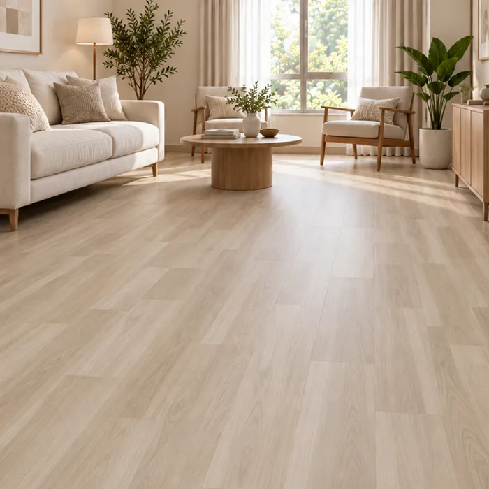 Lantai Vinyl Timberwood Excellent 2mm motif Yuna Oak di ruang tamu
