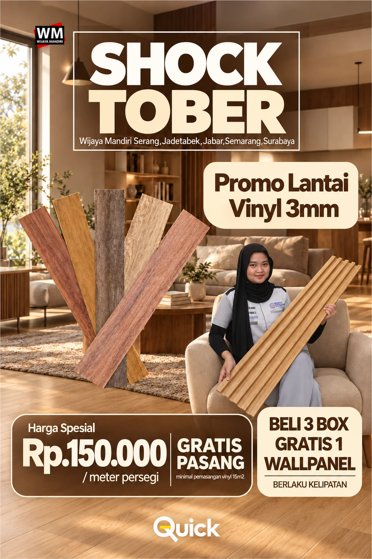 Shocktober, promo Lantai Vinyl 3mm: harga spesial Rp150.000 per meter persegi, gratis pasang minimal pemasangan vinyl 15 m2, beli 3 box gratis 1 wallpanel berlaku kelipatan