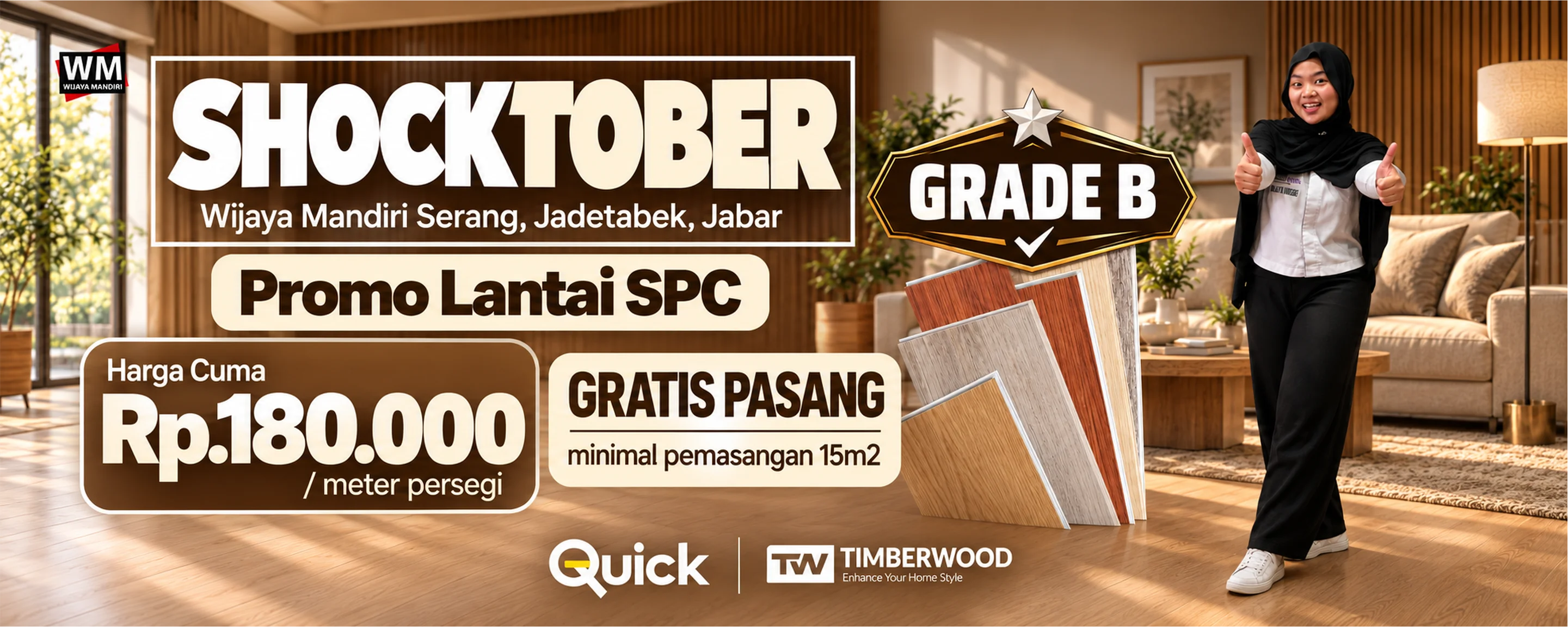 Shocktober, promo Lantai SPC Grade B merek Quick dan Timberwood: harga cuma Rp180.000 per meter persegi, gratis pasang minimal pemasangan 15 m2