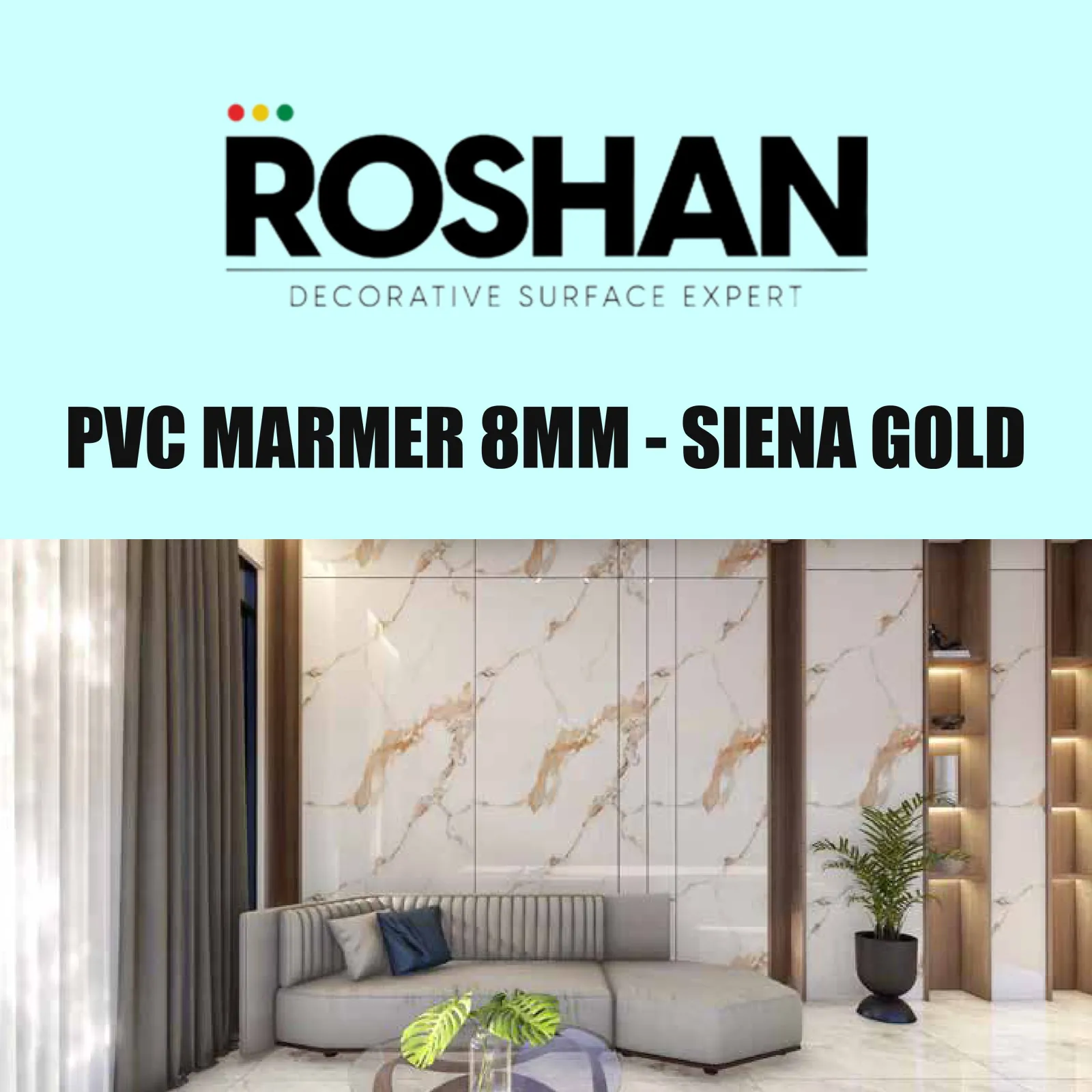 PVC Marmer 8mm Roshan Siena Gold Marble, ukuran 2900 x 1220 x 8 mm
