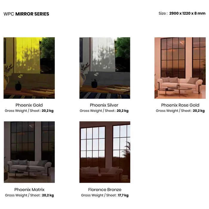 WPC Wall Board Bamboo Charcoal Roshan Mirror Series lima warna, ukuran 2900 x 1220 x 8 mm