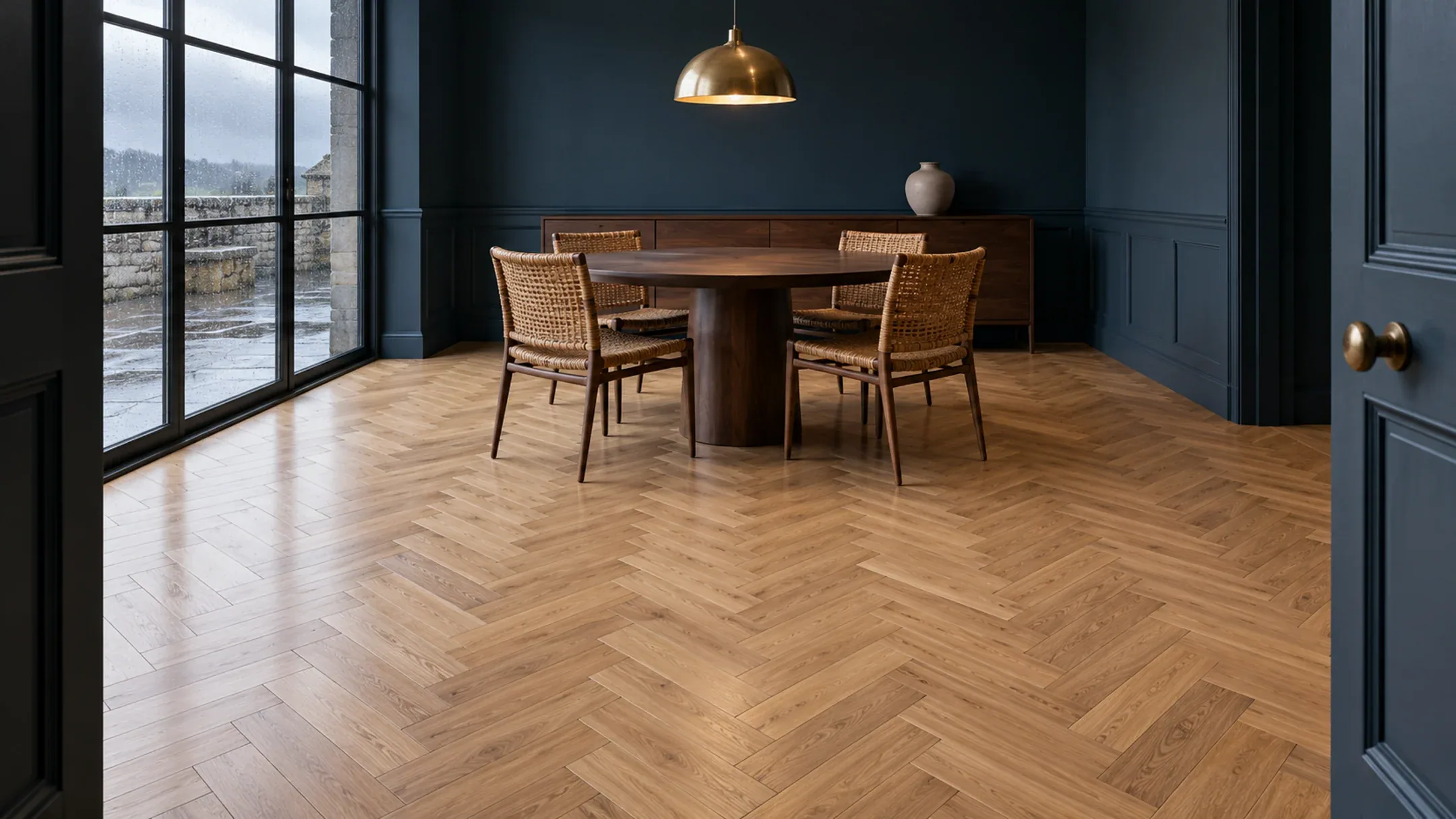 Ilustrasi ruangan dengan lantai SPC herringbone motif kayu yang dipasang membentuk pola tulang ikan