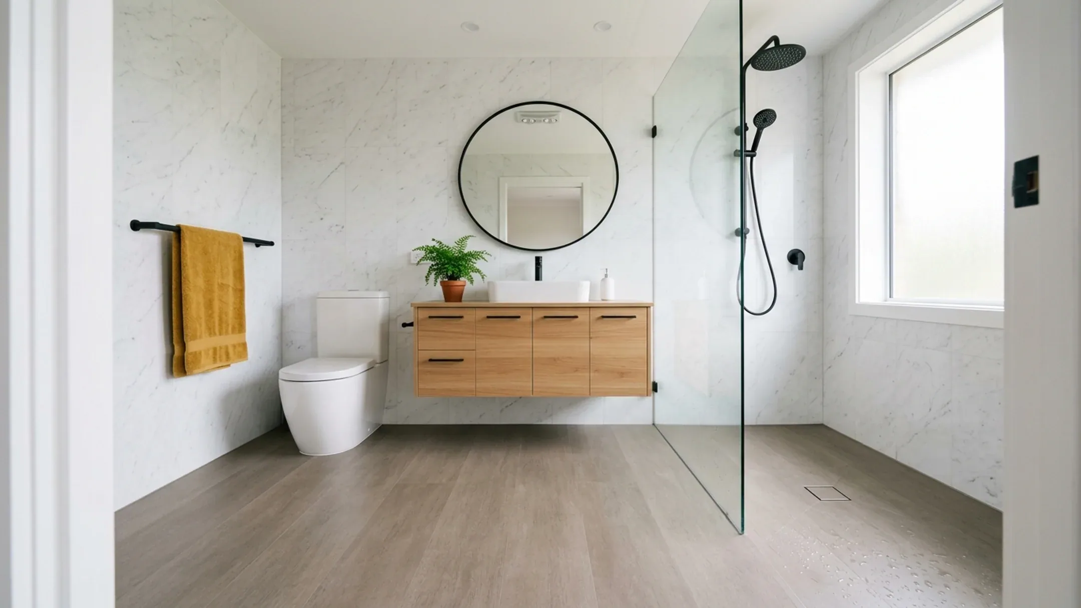 Ilustrasi kamar mandi dengan lantai vinyl motif kayu abu-abu hangat yang dipasang menerus hingga area shower