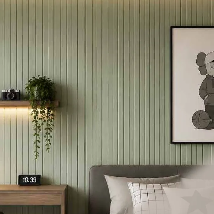 Wall Panel Kisi-kisi Smartpanel Strata Series warna Matcha Green di kamar tidur