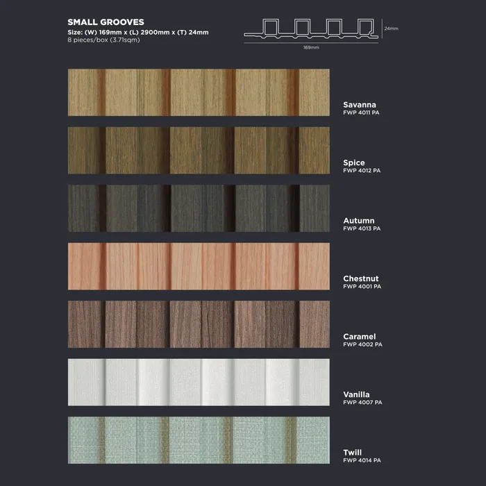 WPC Deco Panel FIDECO Small Grooves Savanna, Spice, Autumn, Chestnut, Caramel, Vanilla, Twill