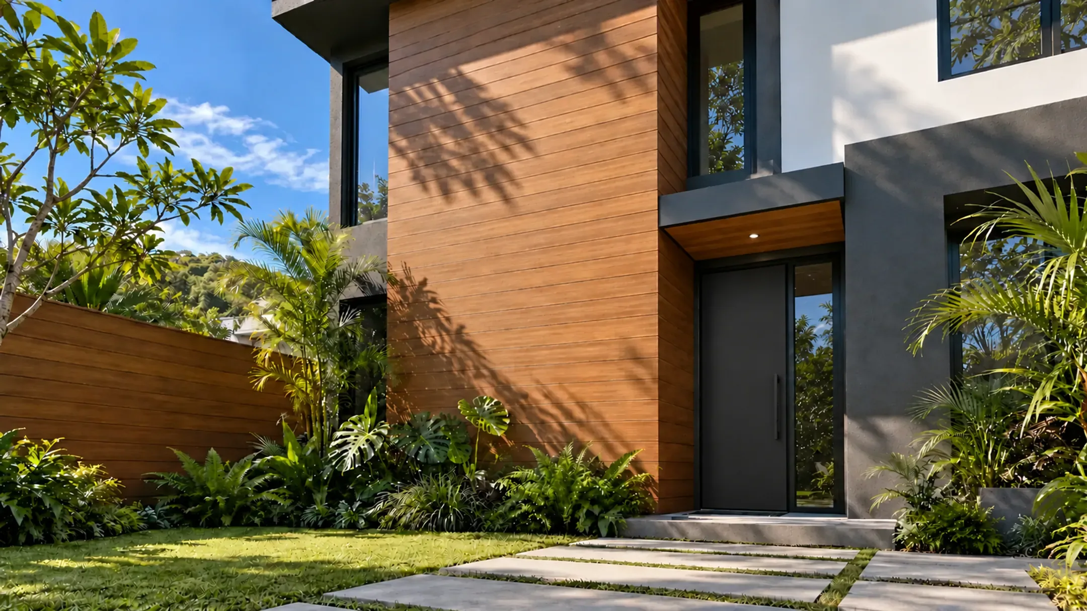 Ilustrasi fasad rumah modern dengan dinding depan dilapisi WPC wall panel outdoor motif kayu